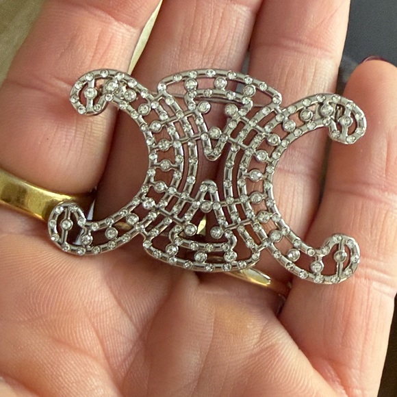 Silver Tone Rhinestone Scroll Monogram Brooch Pin - Picture 3 of 5